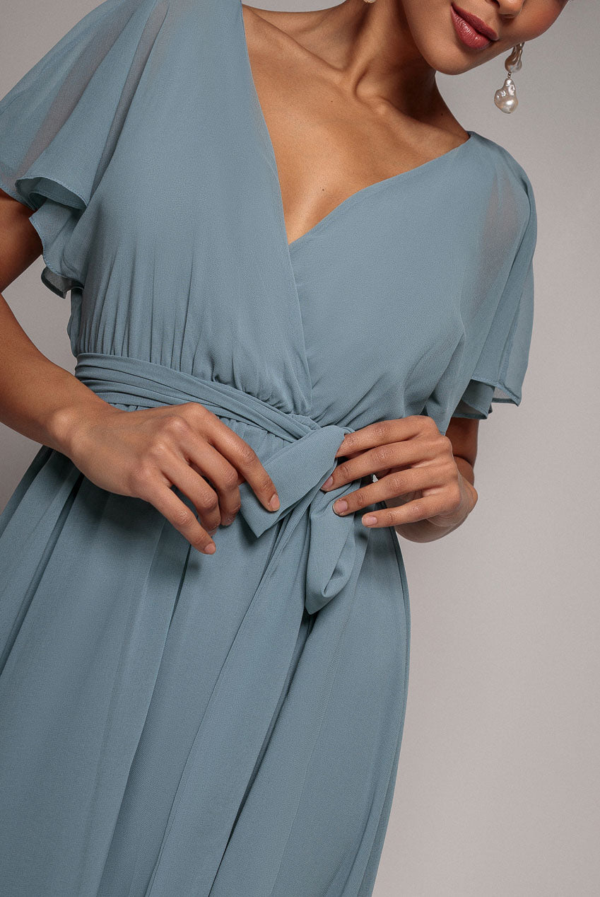 Chiffon Flutter Sleeve Wrap Midi Dress - Airforce Blue DR2555B