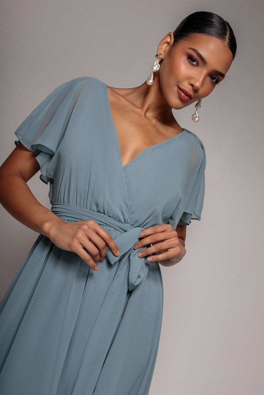 Chiffon Flutter Sleeve Wrap Midi Dress - Airforce Blue DR2555B