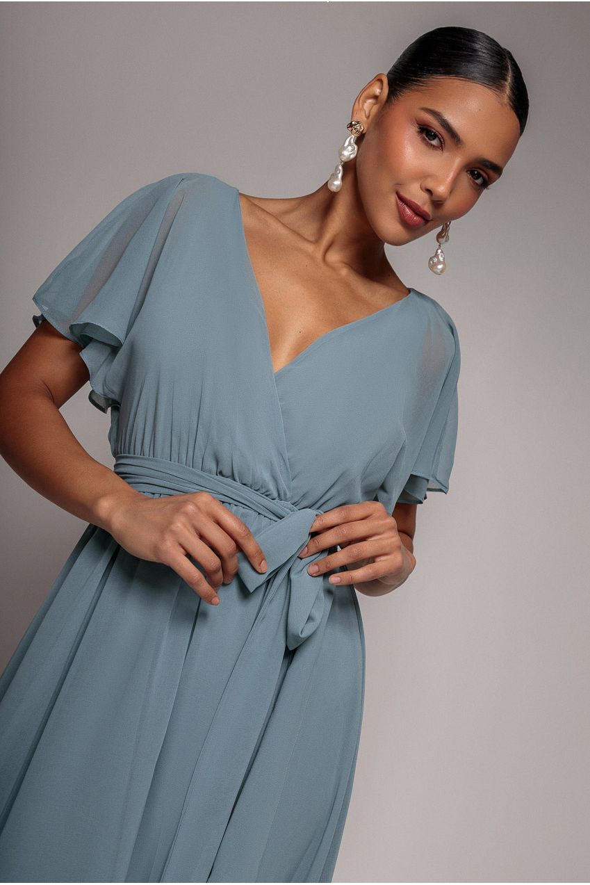 Chiffon Flutter Sleeve Wrap Midi Dress - Airforce Blue DR2555B