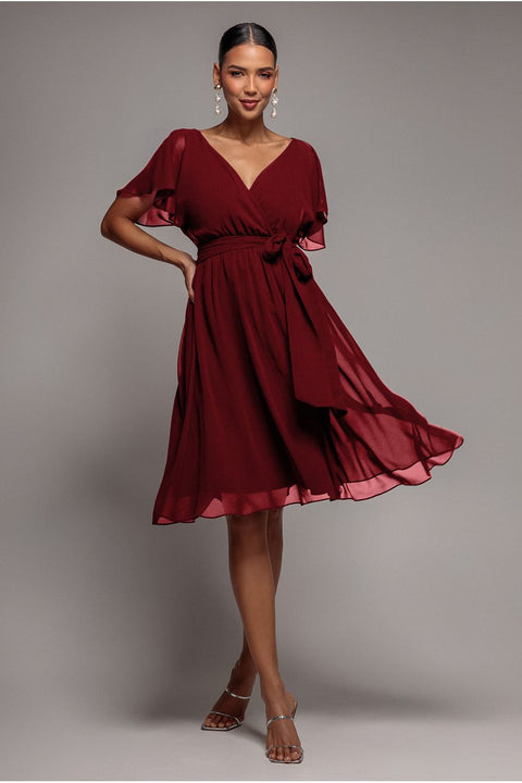 Chiffon Flutter Sleeve Wrap Midi Dress - Berry by Goddiva
