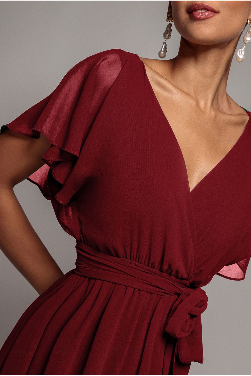 Chiffon Flutter Sleeve Wrap Midi Dress - Berry DR2555B