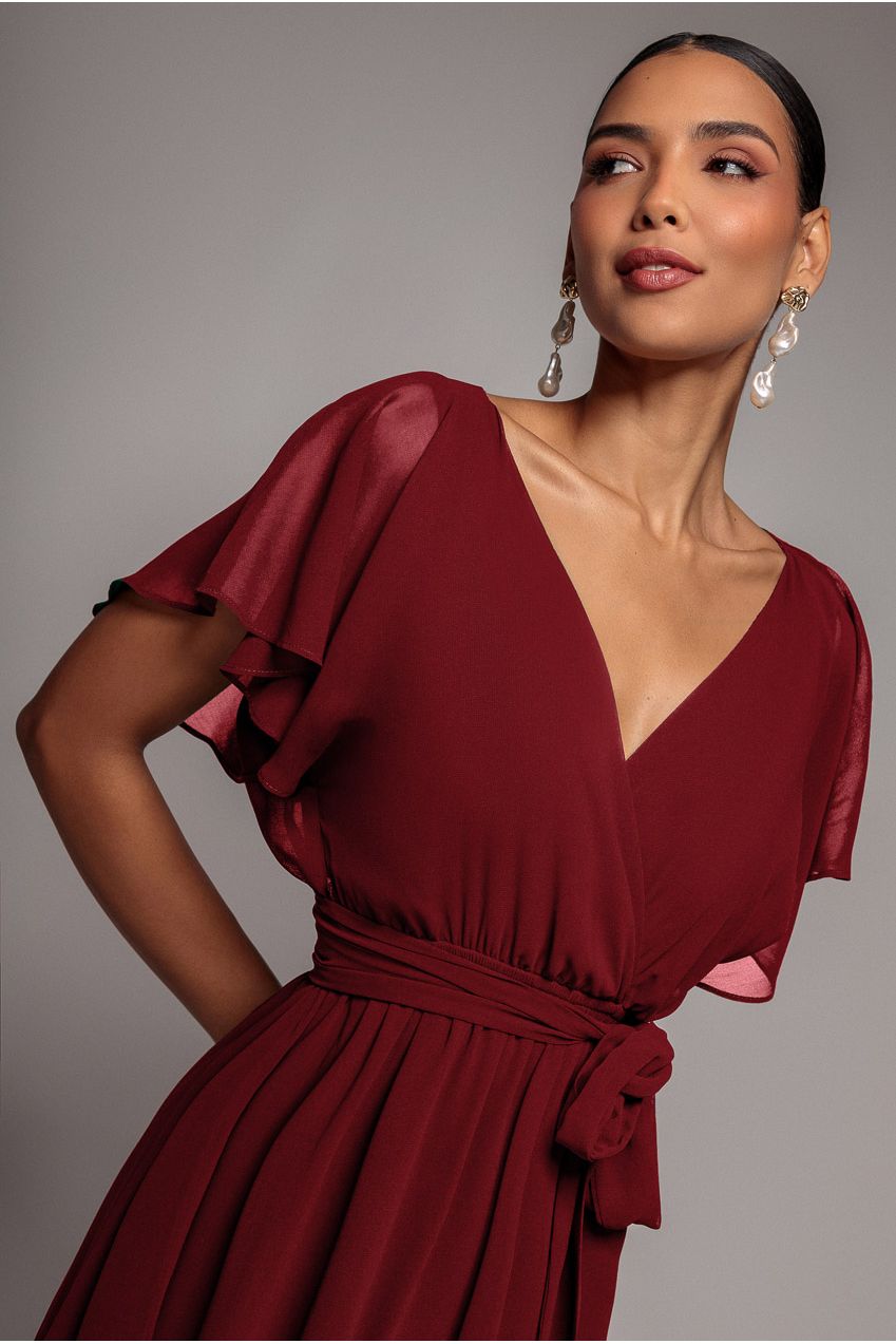 Chiffon Flutter Sleeve Wrap Midi Dress - Berry DR2555B