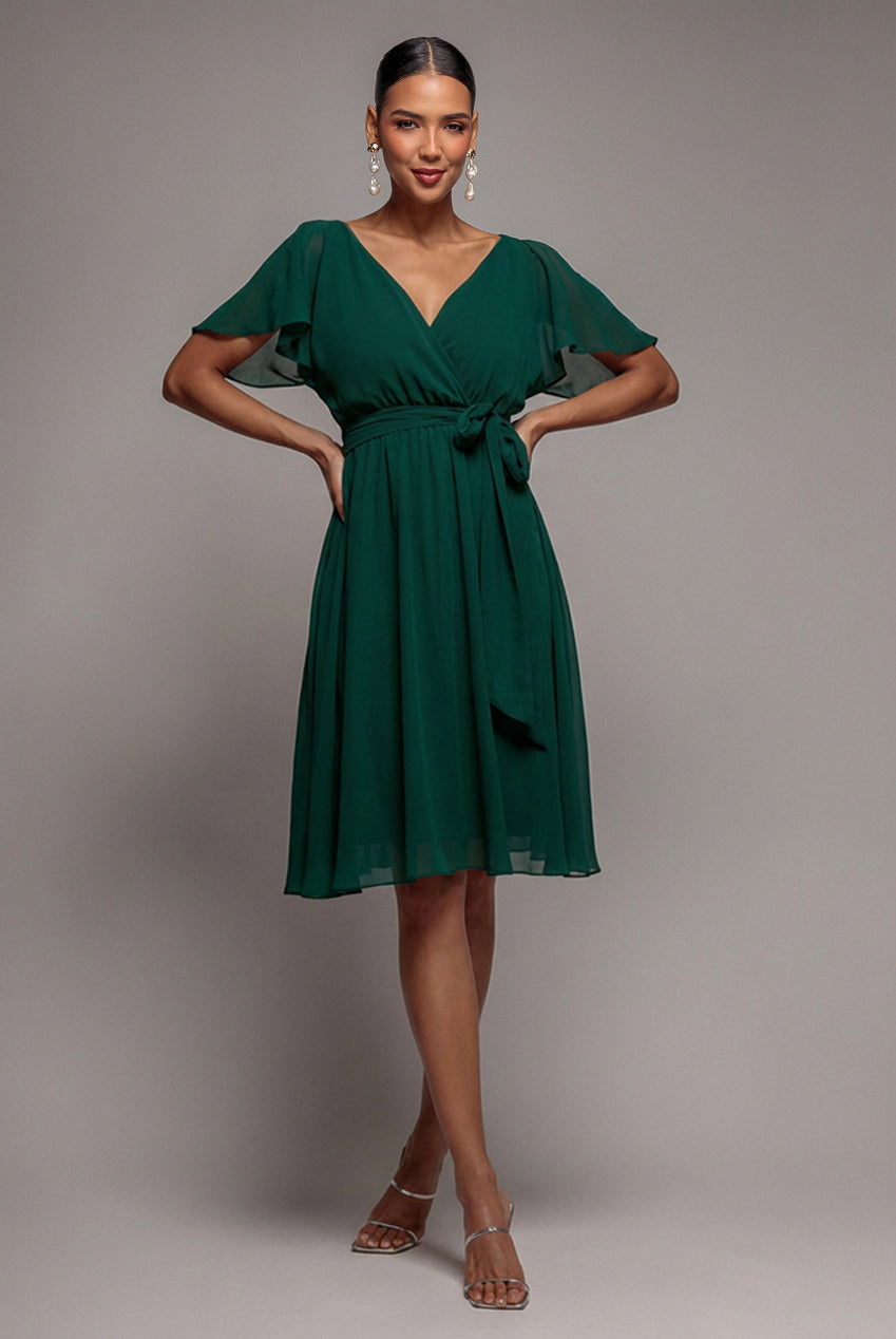 Sustainable Flutter Sleeve Chiffon Wrap Midi Dress - Green DR2555BBS