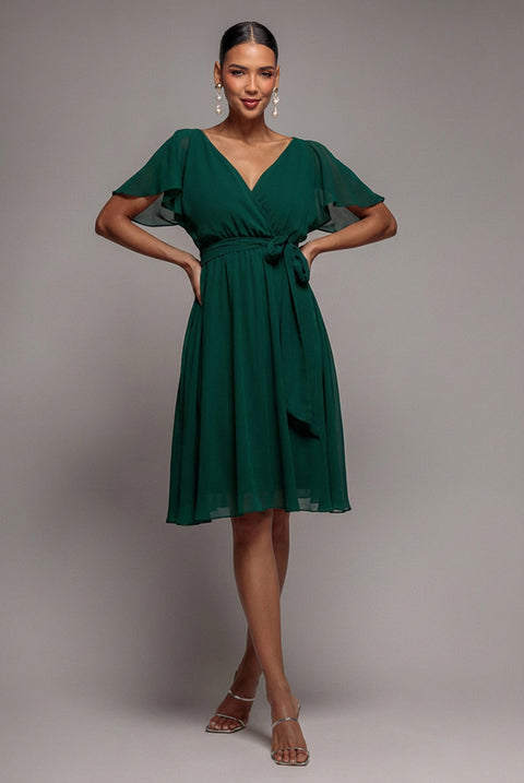 Sustainable Flutter Sleeve Chiffon Wrap Midi Dress - Green by Goddiva