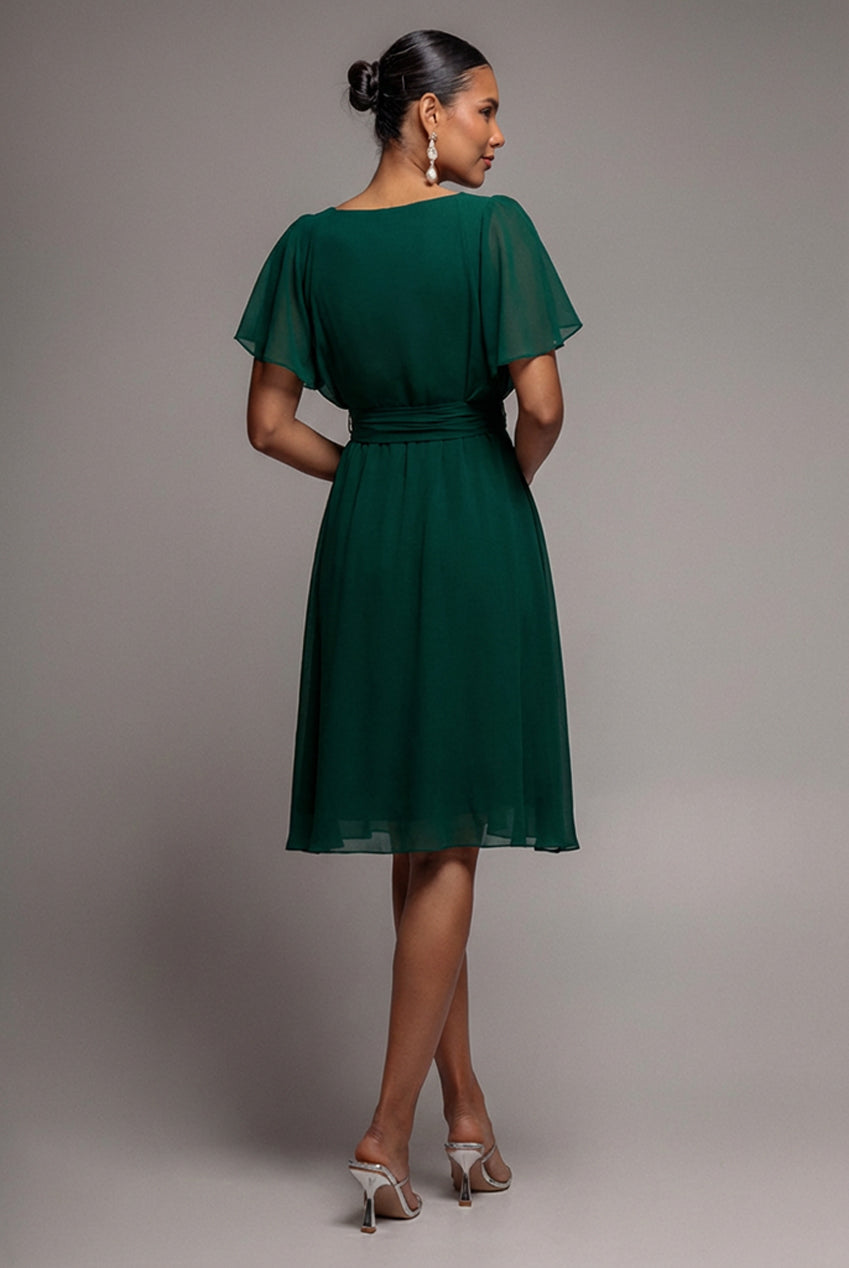 Sustainable Flutter Sleeve Chiffon Wrap Midi Dress - Green DR2555BBS