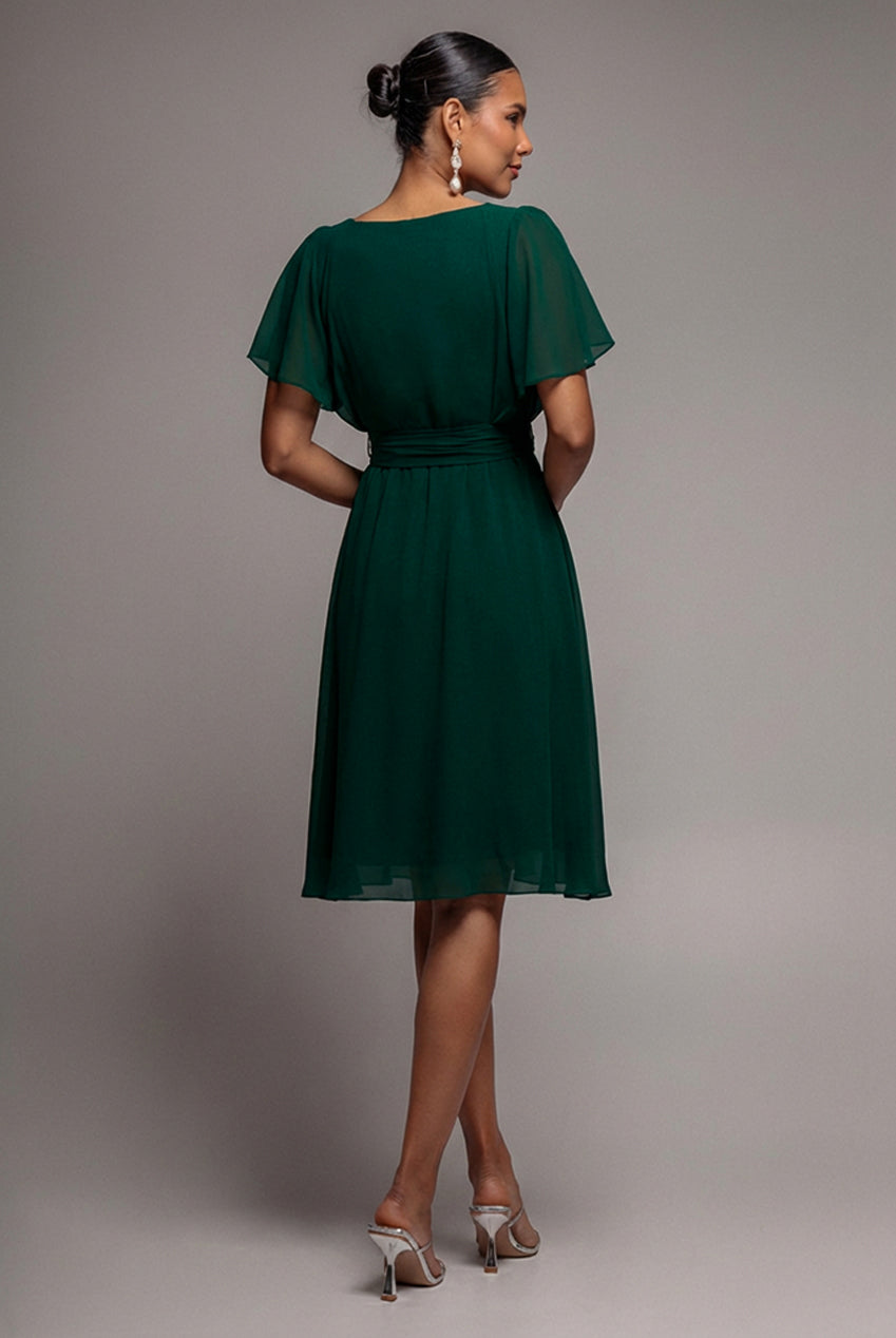 Chiffon Flutter Sleeve Wrap Midi Dress - Dark Green DR2555B