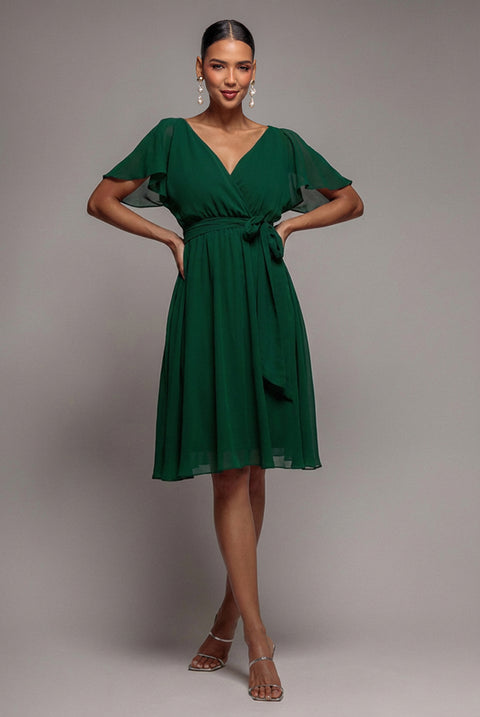 Sustainable Flutter Sleeve Chiffon Wrap Midi Dress - Green by Goddiva