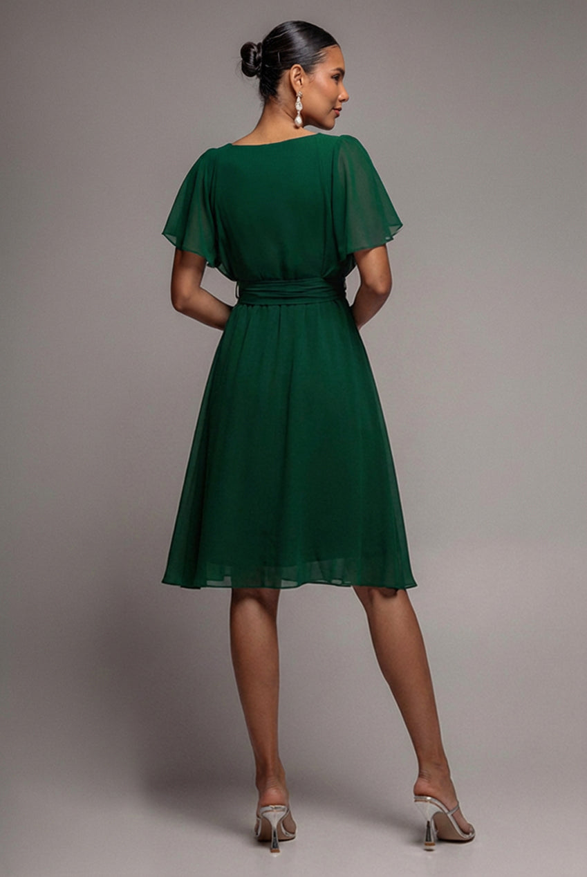 Sustainable Flutter Sleeve Chiffon Wrap Midi Dress - Green DR2555BBS