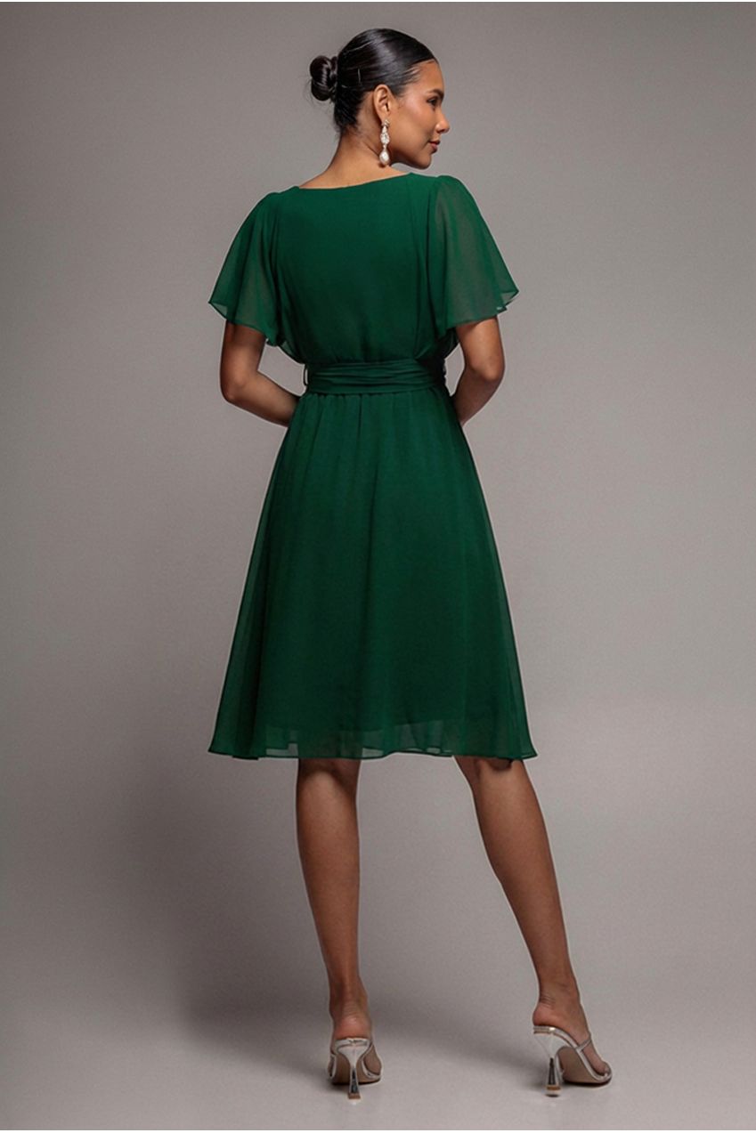 Sustainable Flutter Sleeve Chiffon Wrap Midi Dress - Green DR2555BBS