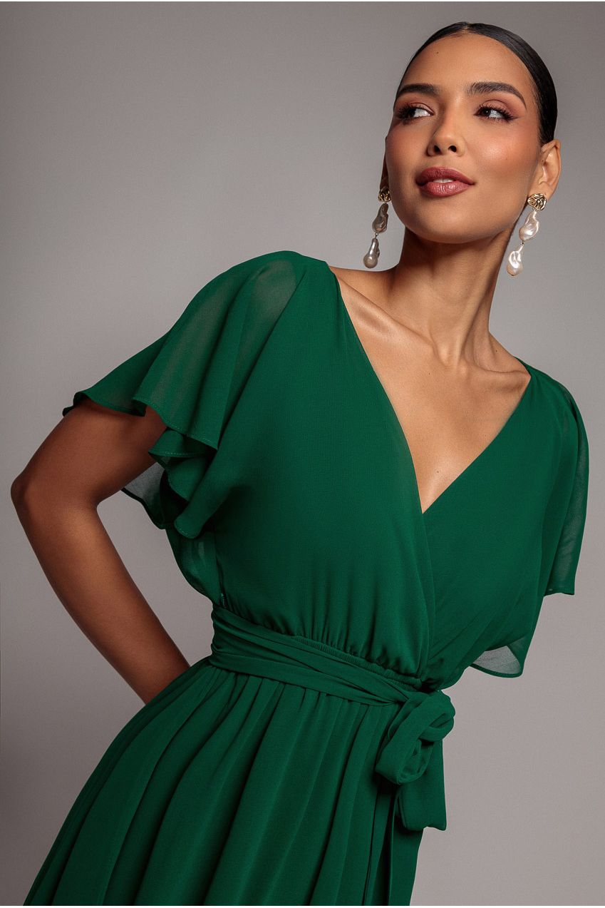 Sustainable Flutter Sleeve Chiffon Wrap Midi Dress - Green DR2555BBS