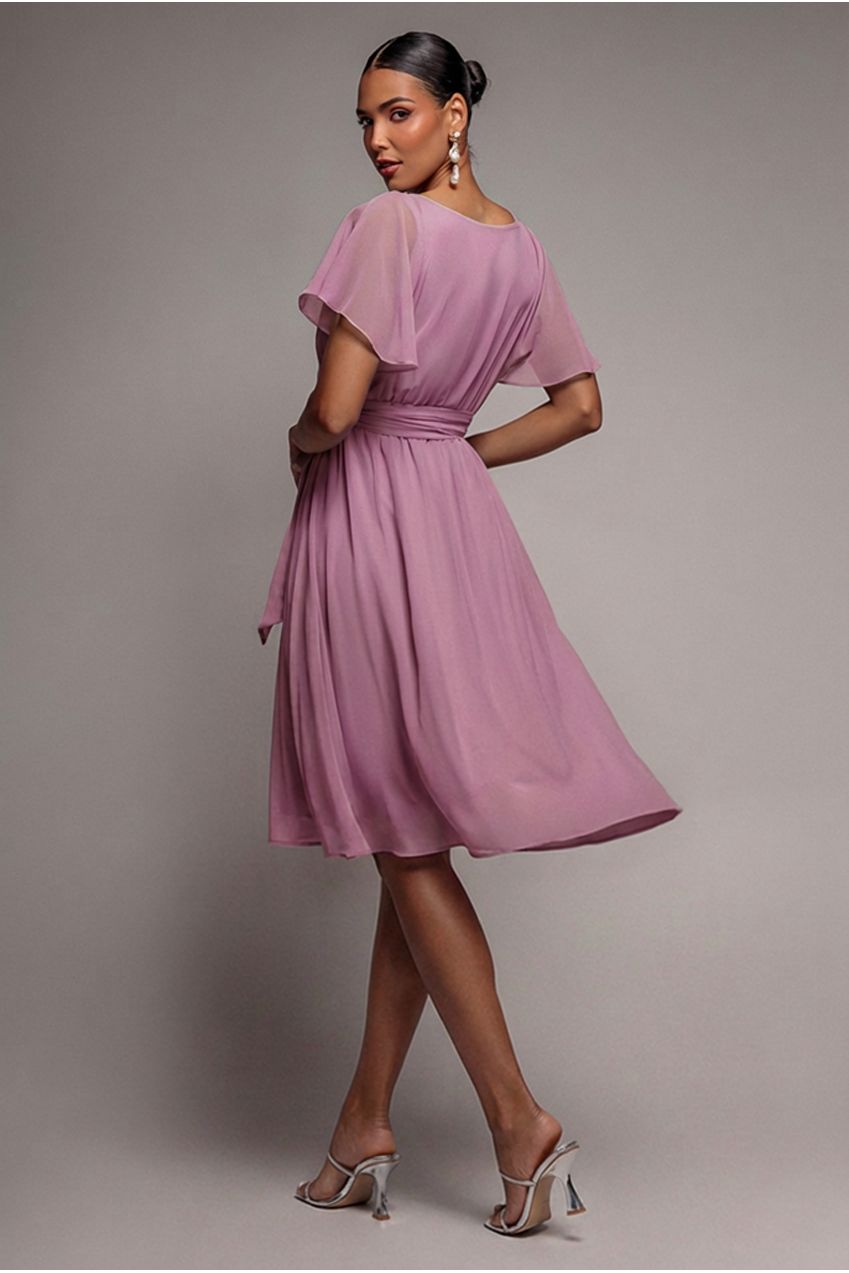 Sustainable Flutter Sleeve Chiffon Wrap Midi Dress - Lavender DR2555BBS