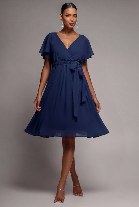 Sustainable Flutter Sleeve Chiffon Wrap Midi Dress - Navy by Goddiva