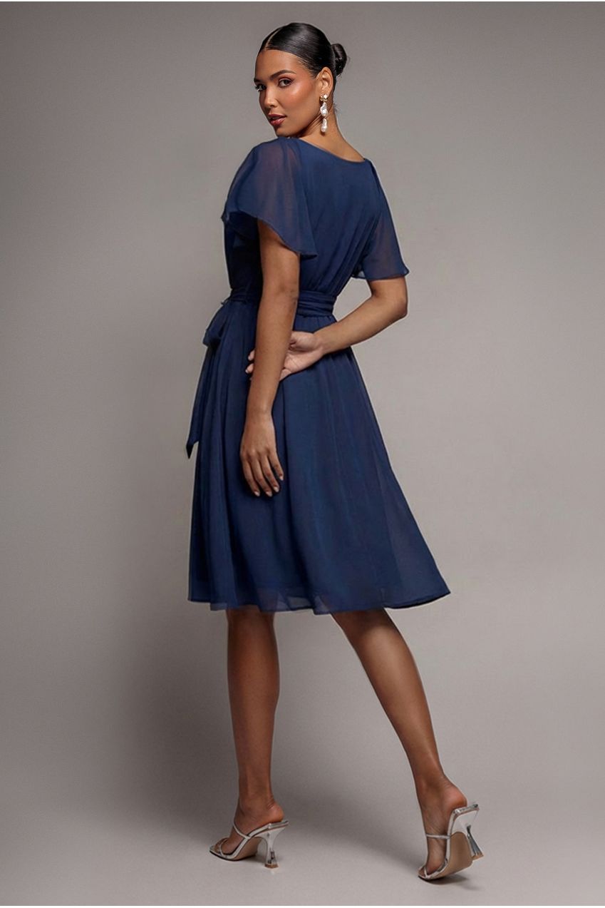 Sustainable Flutter Sleeve Chiffon Wrap Midi Dress - Navy DR2555BBS