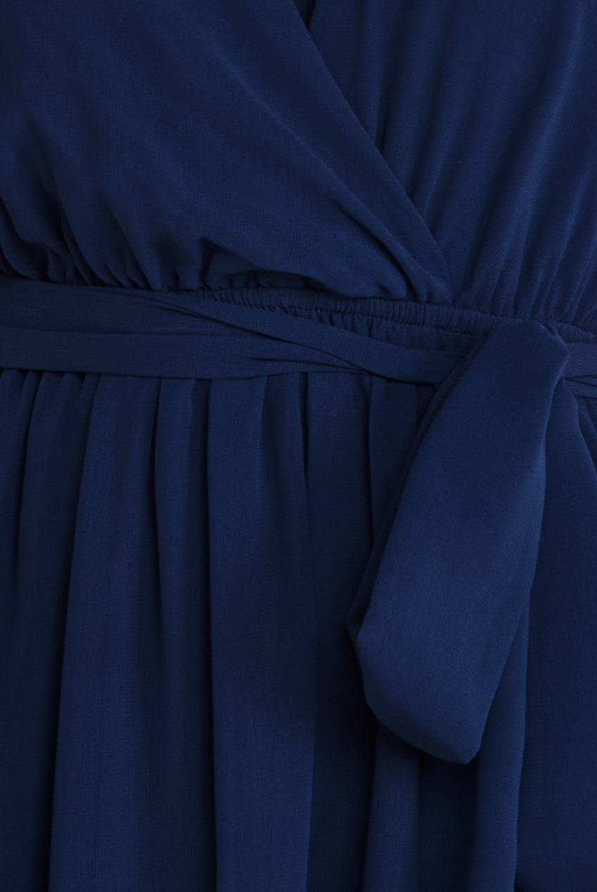 Sustainable Flutter Sleeve Chiffon Wrap Midi Dress - Navy DR2555BBS