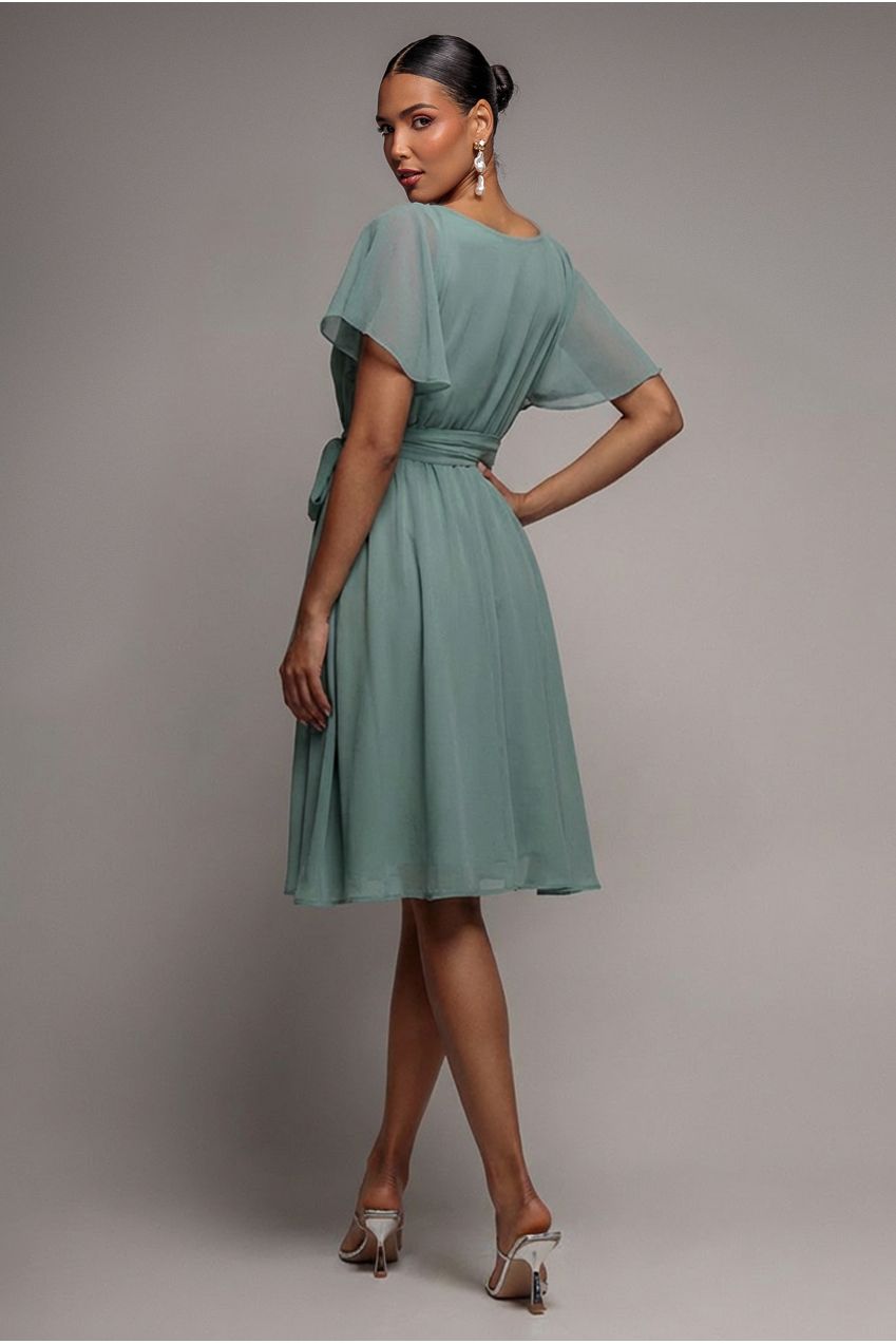 Sustainable Flutter Sleeve Chiffon Wrap Midi Dress - Sage Green DR2555BBS