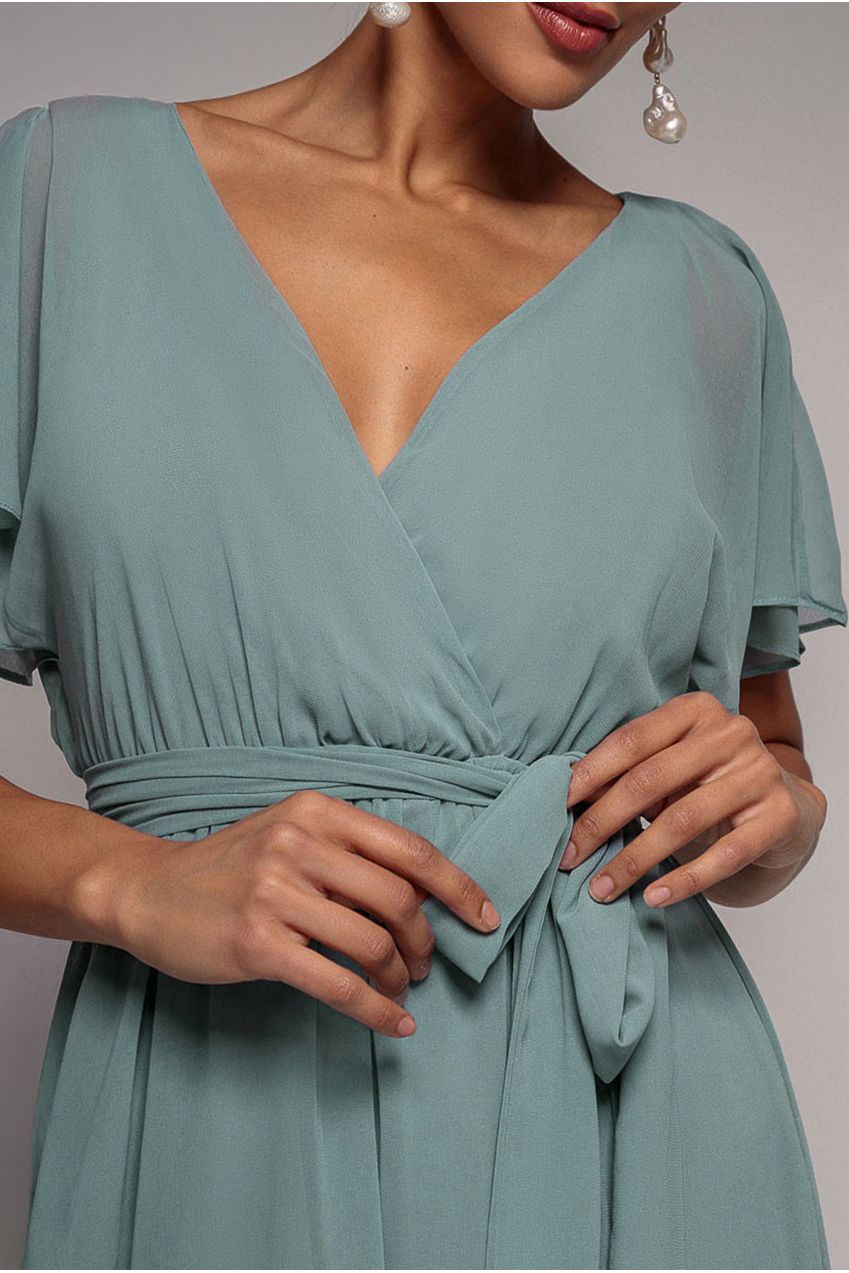 Sustainable Flutter Sleeve Chiffon Wrap Midi Dress - Sage Green DR2555BBS