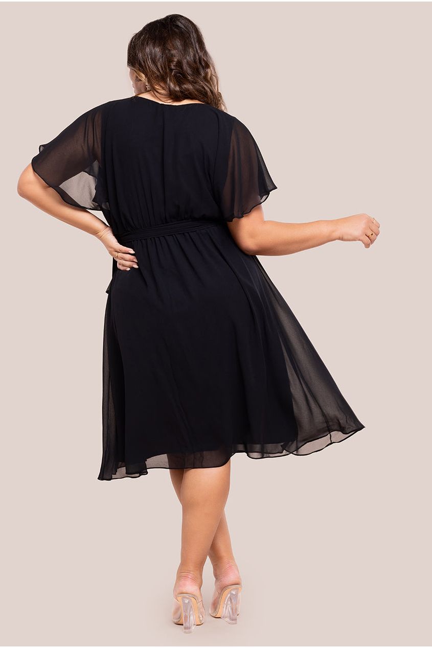 Flutter Sleeve Wrap Midi Dress - Black DR2555P
