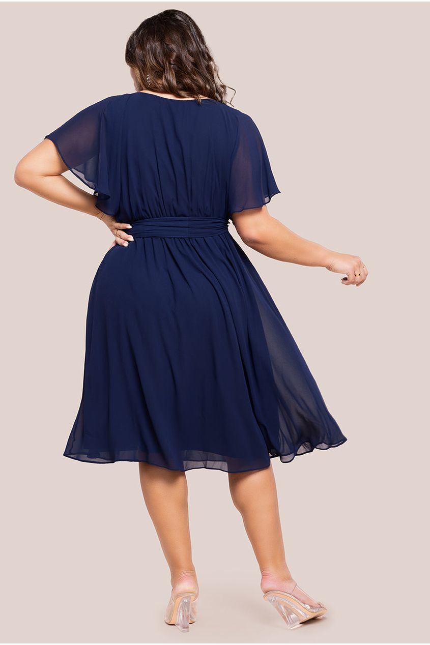 Flutter Sleeve Wrap Midi Dress - Navy Blue DR2555P