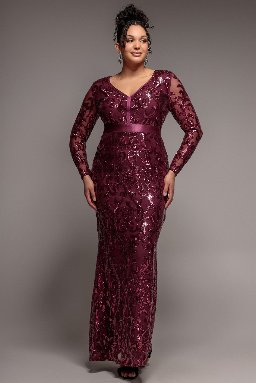 Embroidered Sequin & Mesh Maxi Dress - Burgundy DR2558PLUS
