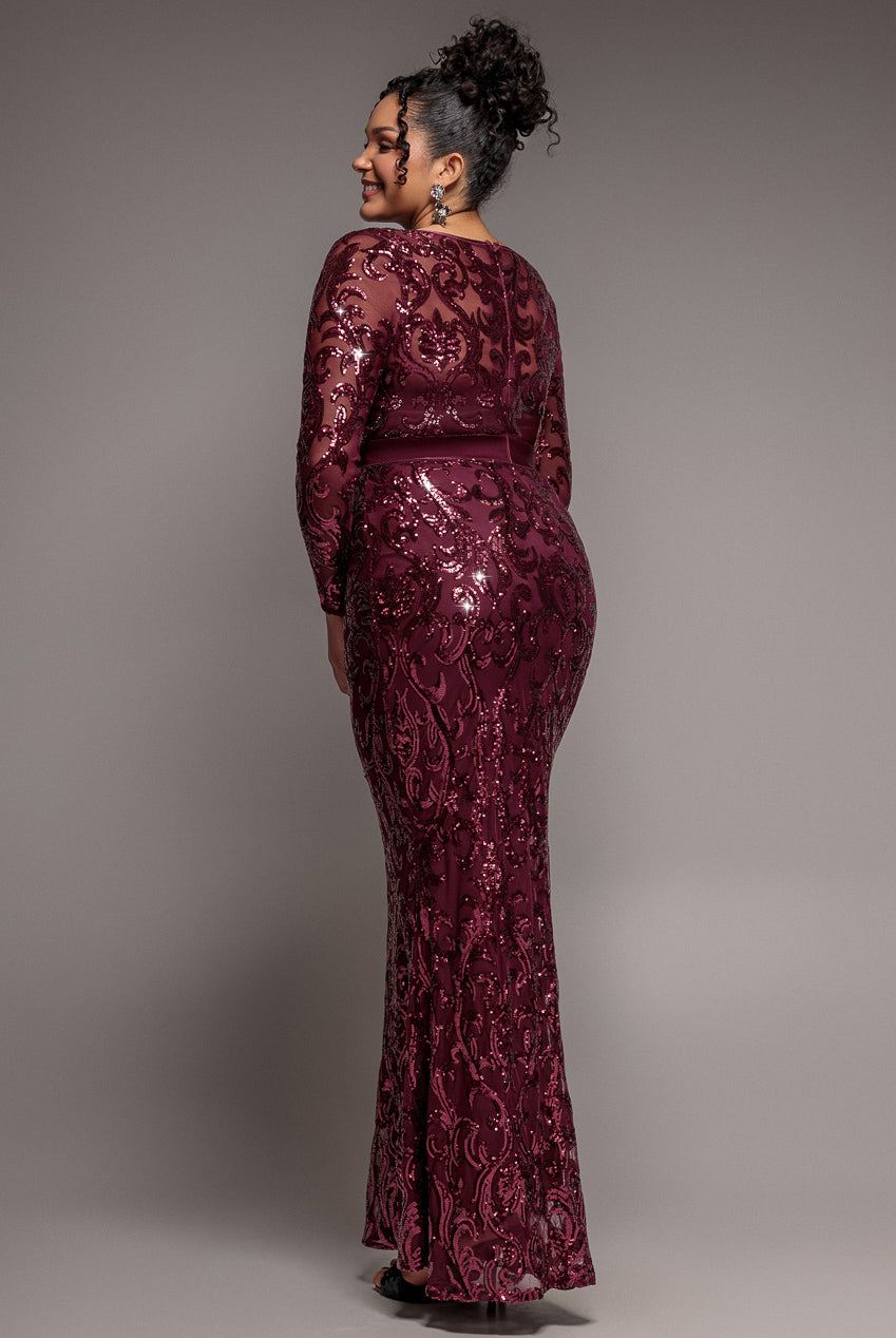 Embroidered Sequin & Mesh Maxi Dress - Burgundy DR2558PLUS