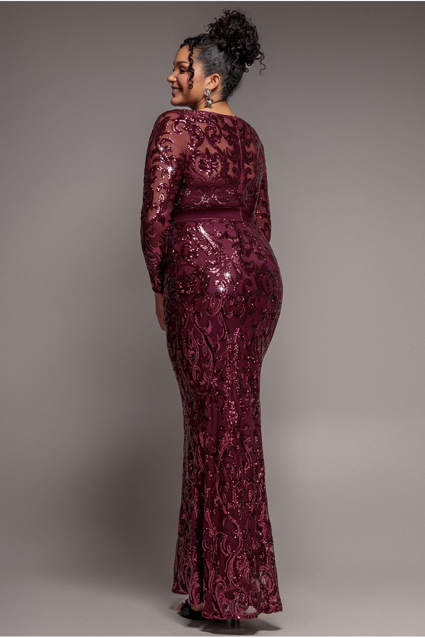 Embroidered Sequin & Mesh Maxi Dress - Burgundy DR2558PLUS