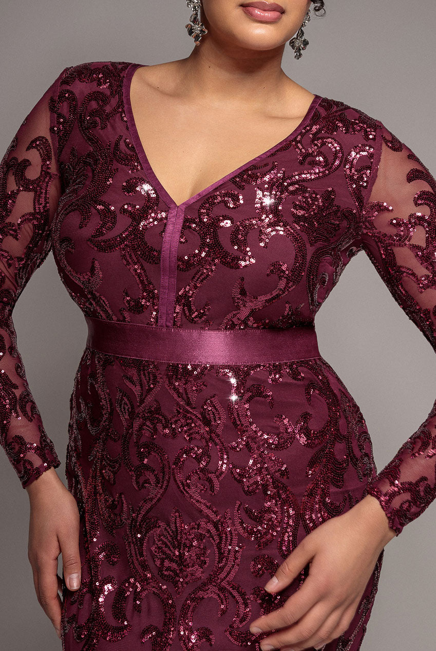 Embroidered Sequin & Mesh Maxi Dress - Burgundy DR2558PLUS