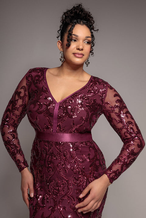 Embroidered Sequin & Mesh Maxi Dress - Burgundy by Goddiva Plus