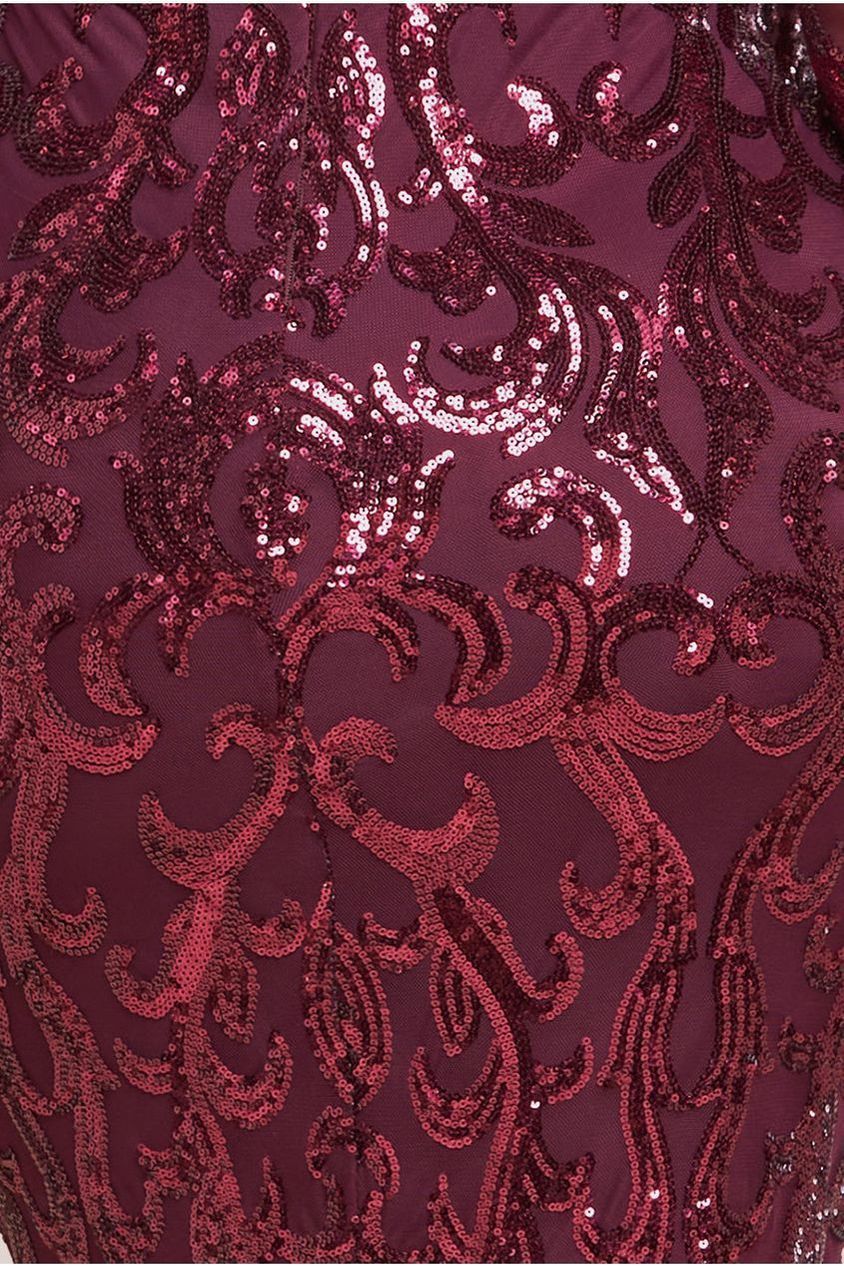 Embroidered Sequin & Mesh Maxi Dress - Burgundy DR2558PLUS
