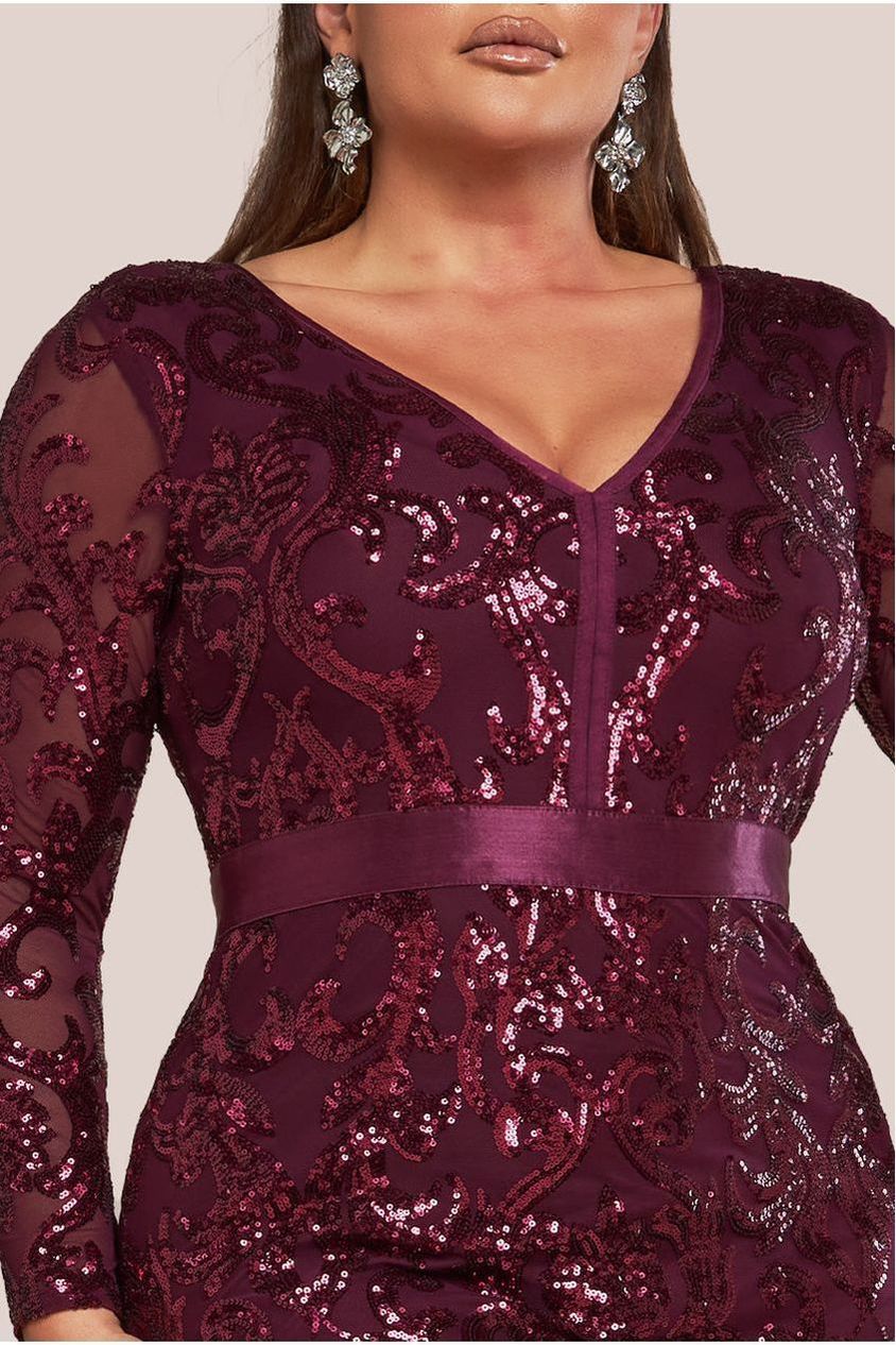 Embroidered Sequin & Mesh Maxi Dress - Burgundy DR2558PLUS