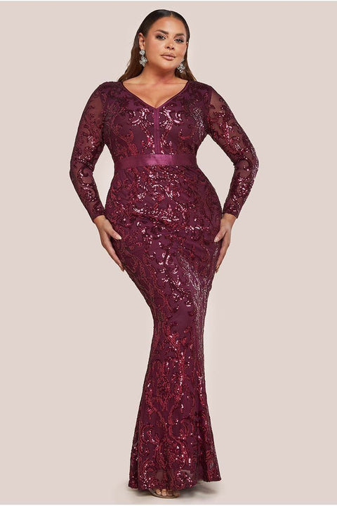 Embroidered Sequin & Mesh Maxi Dress - Burgundy by Goddiva Plus