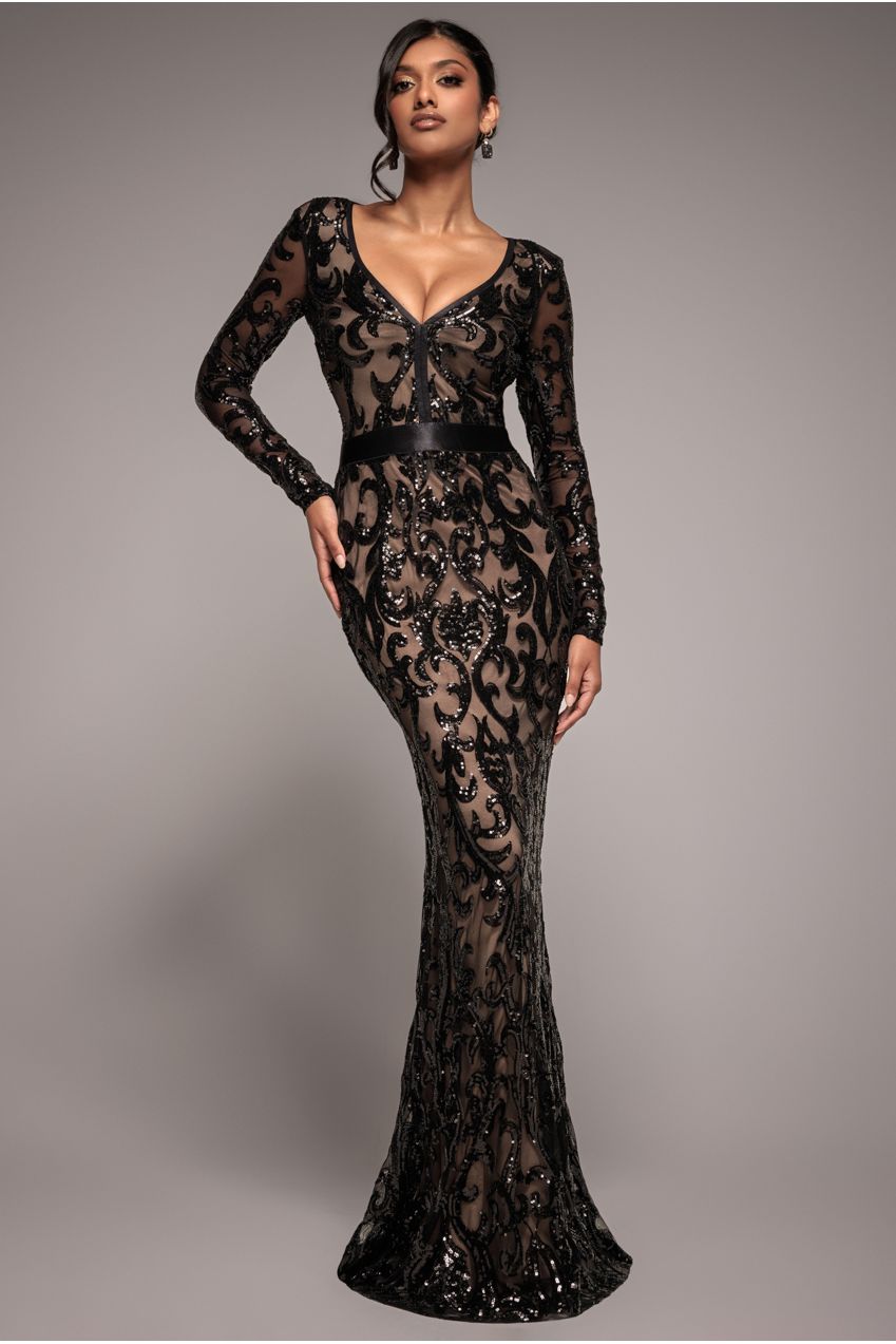 Embroidered Sequin & Mesh Maxi Dress - Black DR2558
