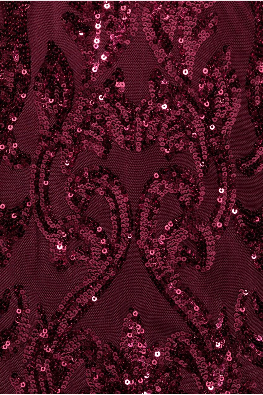 Embroidered Sequin & Mesh Maxi Dress - Burgundy DR2558