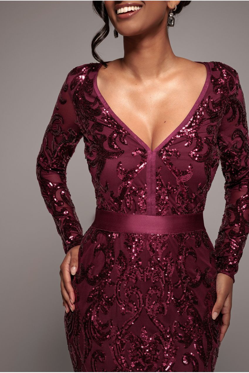 Embroidered Sequin & Mesh Maxi Dress - Burgundy DR2558