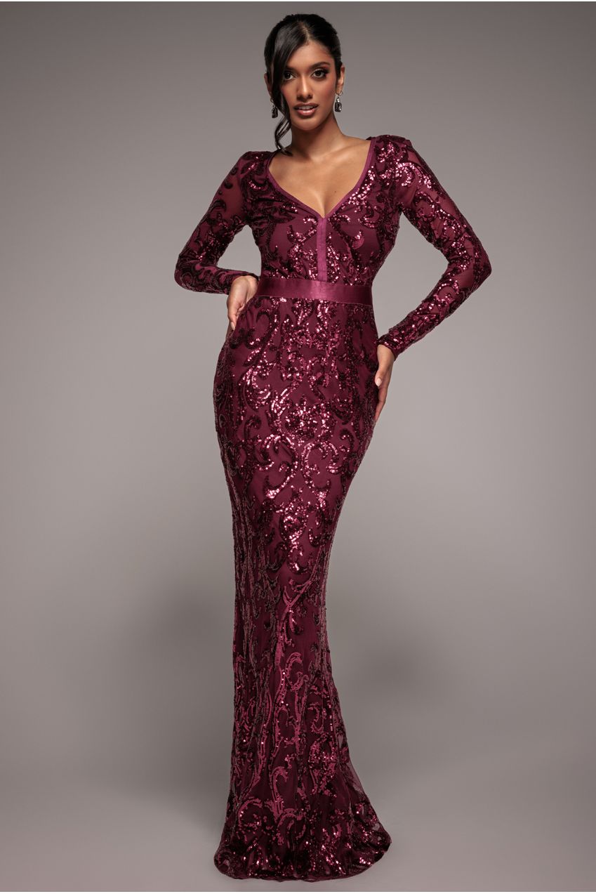 Embroidered Sequin & Mesh Maxi Dress - Burgundy DR2558