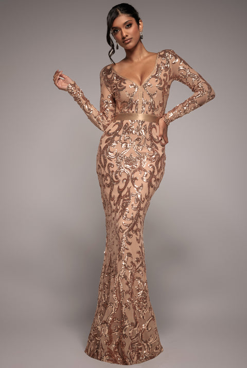 Embroidered Sequin & Mesh Maxi Dress - Champagne by Goddiva