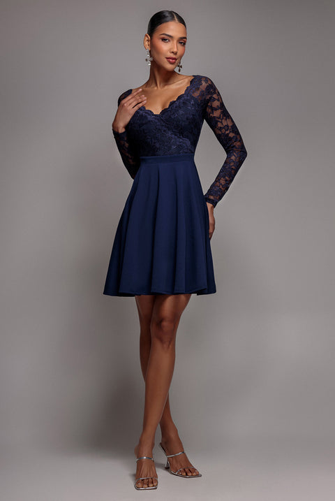 Off The Shoulder Lace Skater Mini Dress - Navy Blue by Goddiva