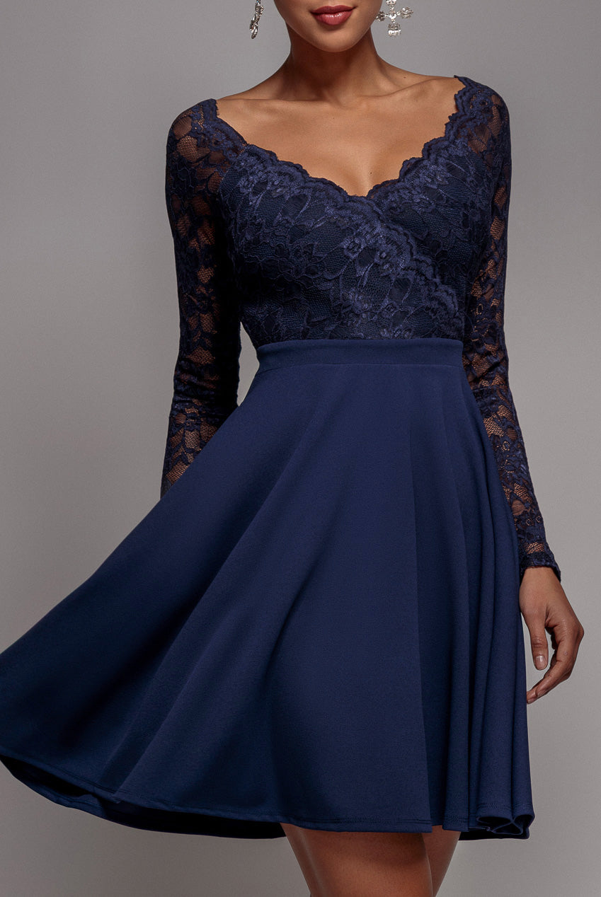 Off The Shoulder Lace Skater Mini Dress - Navy Blue DR2563C