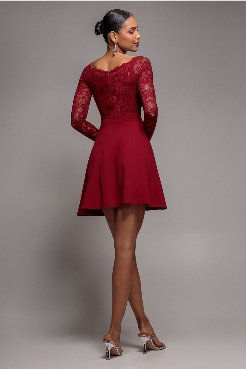 Off The Shoulder Lace Skater Mini Dress - Wine DR2563C