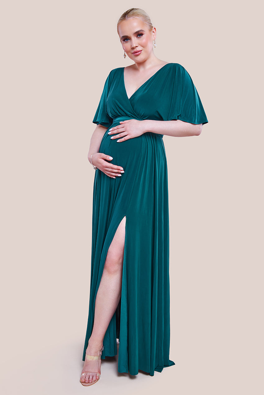 Maternity Wrap Front Maxi With Flutter Sleeves - Emerald Green DR2565MAT