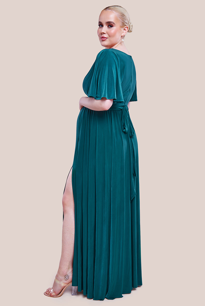 Maternity Wrap Front Maxi With Flutter Sleeves - Emerald Green DR2565MAT