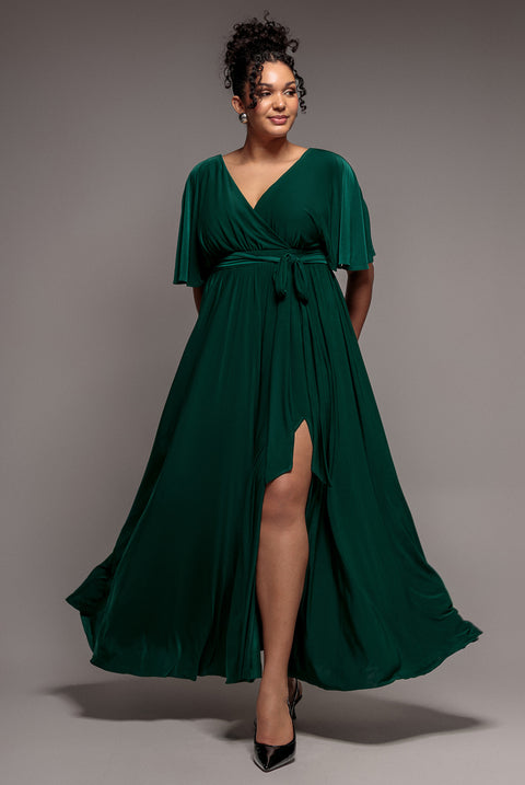 Wrap Front Maxi With Flutter Sleeves - Botanical Green by Goddiva Plus