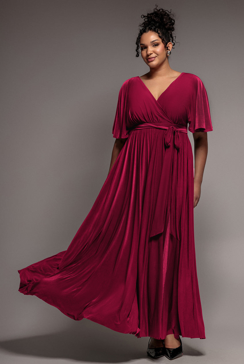 Wrap Front Maxi With Flutter Sleeves - Berry DR2565P