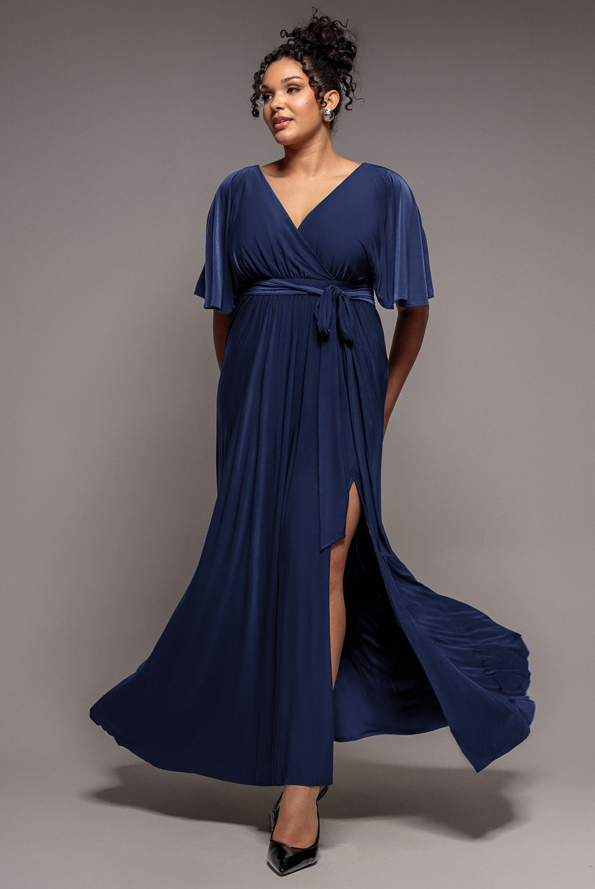 Wrap Front Maxi With Flutter Sleeves - Navy Blue DR2565P