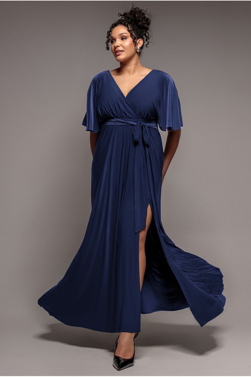 Wrap Front Maxi With Flutter Sleeves - Navy Blue DR2565P