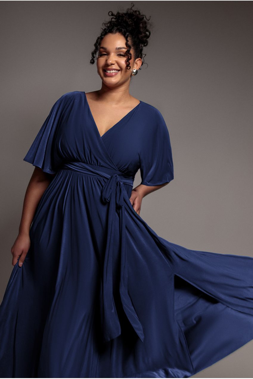 Wrap Front Maxi With Flutter Sleeves - Navy Blue DR2565P
