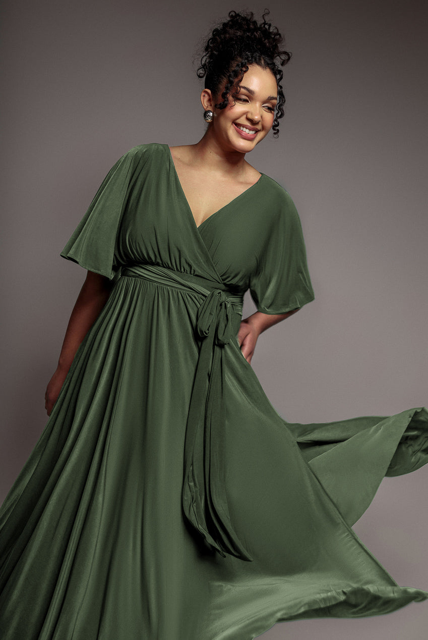 Wrap Front Maxi With Flutter Sleeves - Olive Green DR2565P