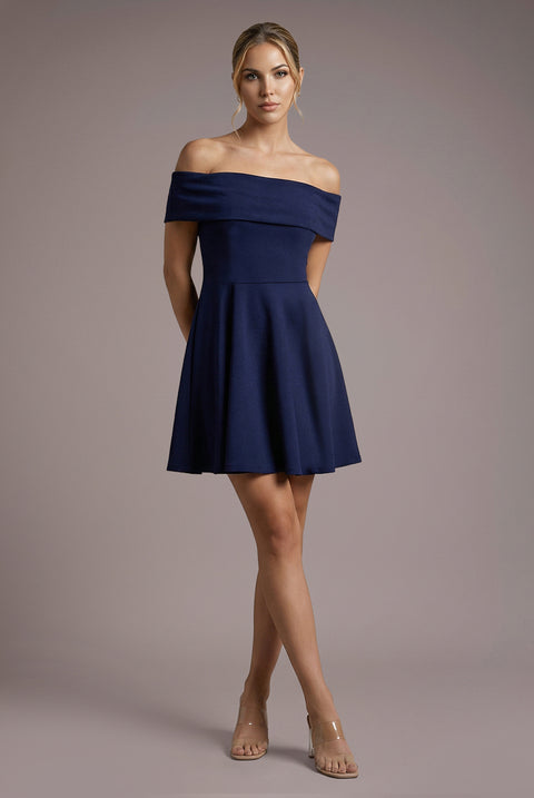 Strapless Crepe Skater Mini Dress - Navy Blue by Goddiva