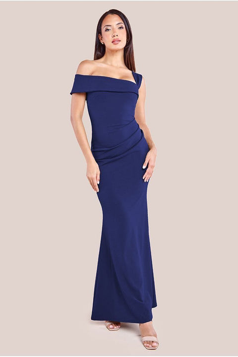Off The Shoulder Pleated Waist Maxi Dress - Navy by Goddiva