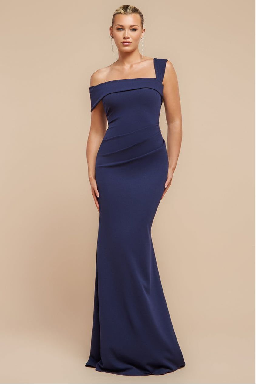 Off The Shoulder Pleated Waist Maxi Dress - Navy DR2594