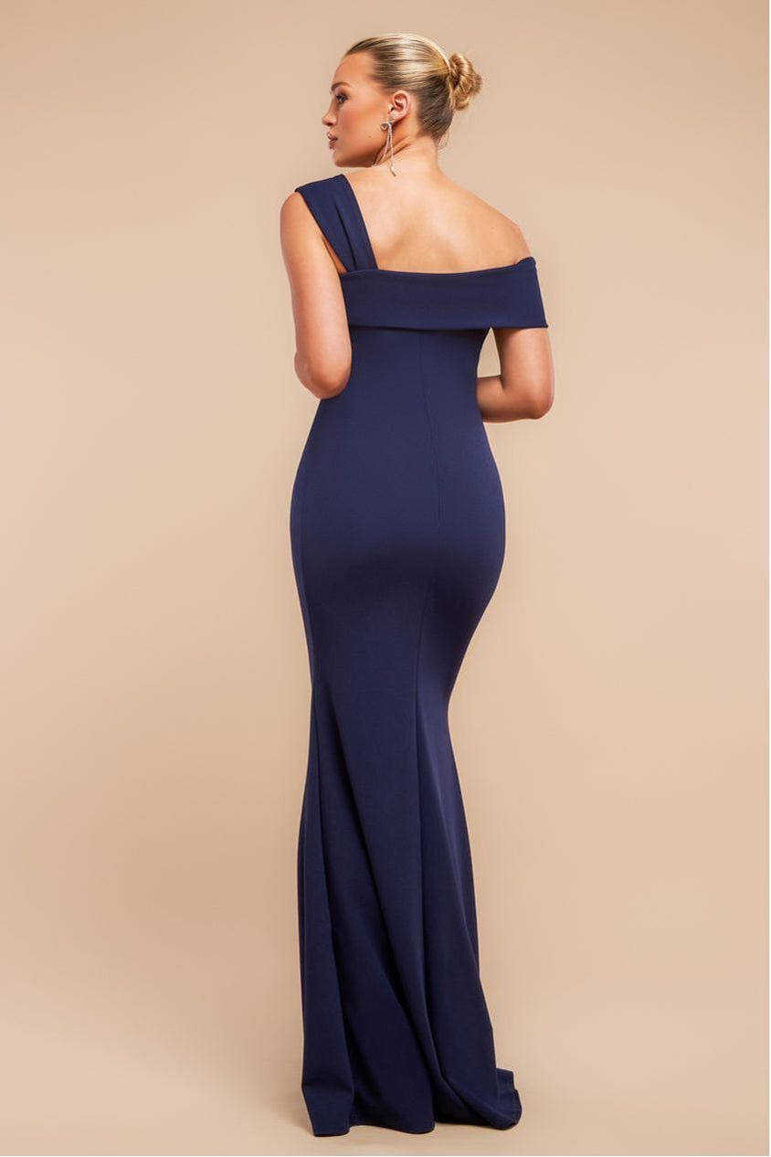 Off The Shoulder Pleated Waist Maxi Dress - Navy DR2594